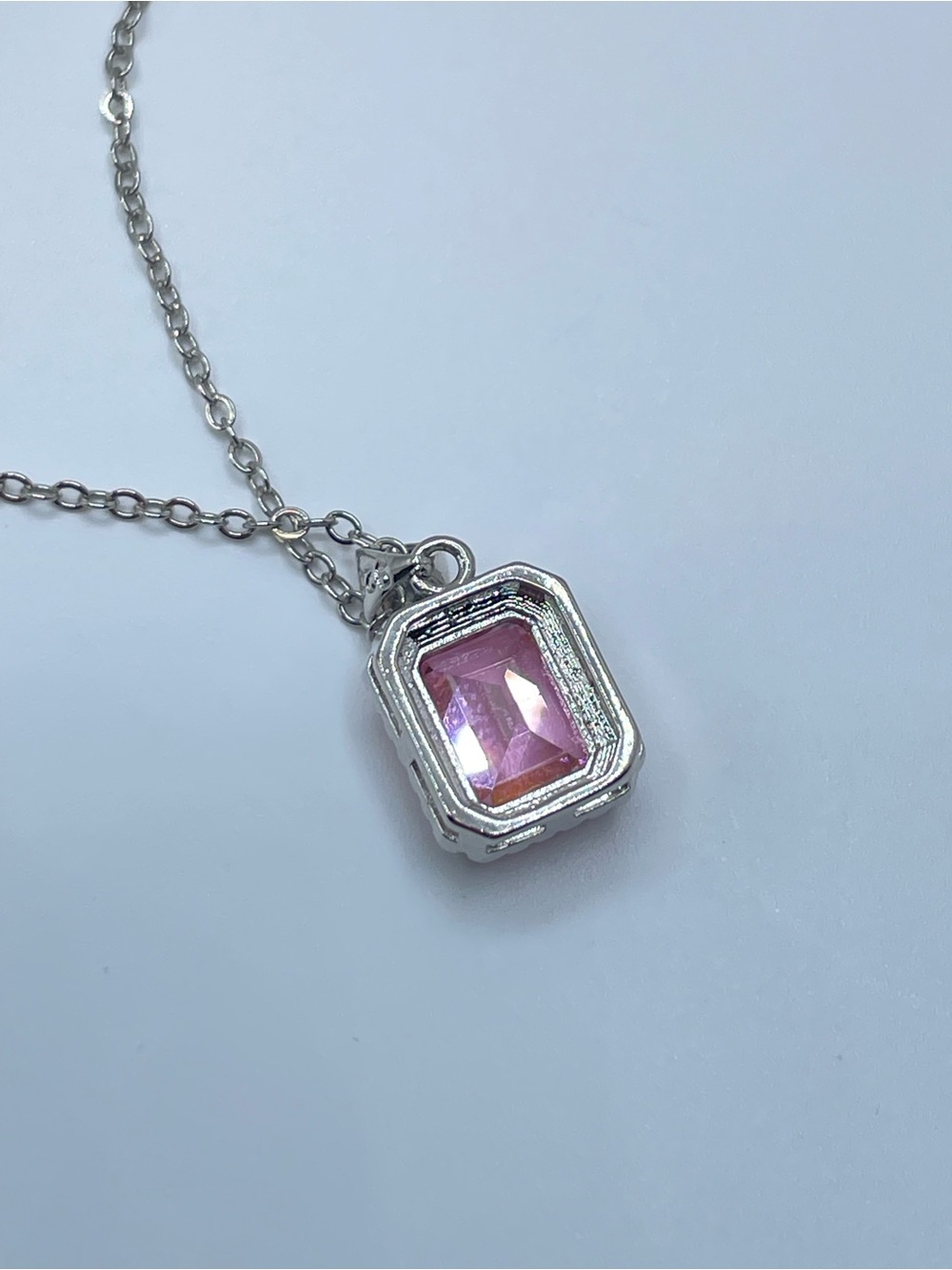 Silver Pink Crystal Halo Pendant Necklace Emerald Cut Glam Statement - Picture 4 of 5
